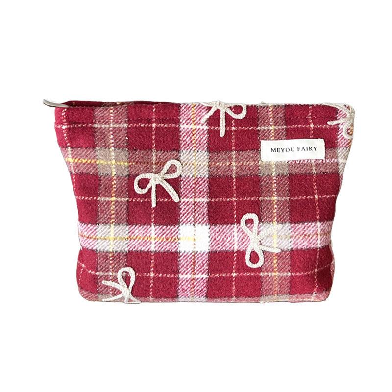Embroidered Bow Pattern Checked New Year Valentine's Day Gift New Style Makeup Bag Toiletry Bag Inner Bag Storage Bag