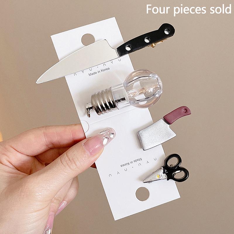 

3/4 шт. Аксессуары для волос для девочек Забавная заколка для волос в форме ножа Женские заколки для волос в виде лампочки, ножниц, вилки, боковые зажимы, заколка-уточка для челки