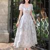 First Love French Square Collar Romantic Floral Chiffon Dress Women's Summer Large Size Temperament Waist Thin Fairy Dress