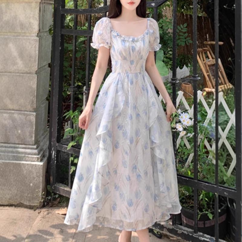 First Love French Square Collar Romantic Floral Chiffon Dress Women's Summer Large Size Temperament Waist Thin Fairy Dress