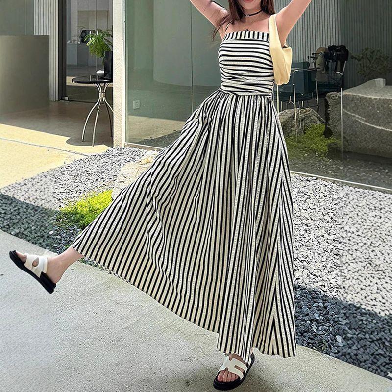 Cross-Border European and American Summer New Striped Spaghetti Strap Dress for Women, Elegant Waist-Cinching Off-Shoulder Tube Top Long Dress