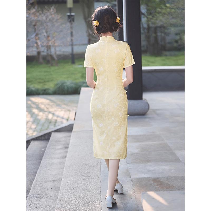 Goose Yellow High-end Temperament Cheongsam Women's New Chinese Summer Engagement Daily Wear Jacquard Dress 1011 New Models