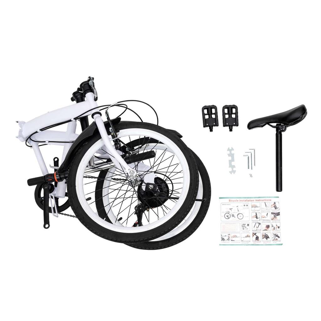 White Folding Bike Foldable City Bike for Adult 20" Commute Bicycle 6Speed Gears For Rugged Roads, Muddy Roads, Grasslands