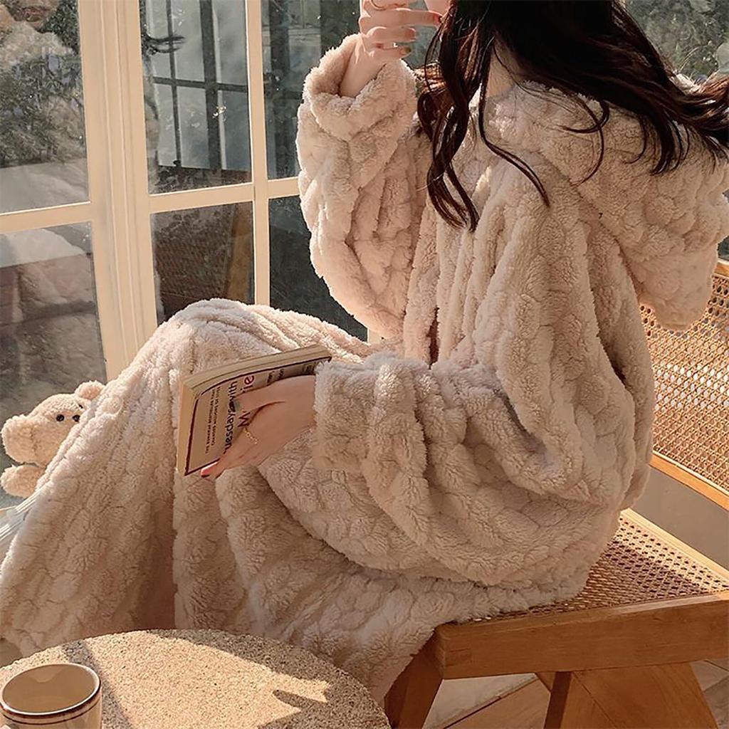 Fluffy Winter Pajamas for with Hood and Plus Sizes and Perfect for Fall and Cute, Women, Gloves. Available. Thick, Warm, Stylish. Winter.