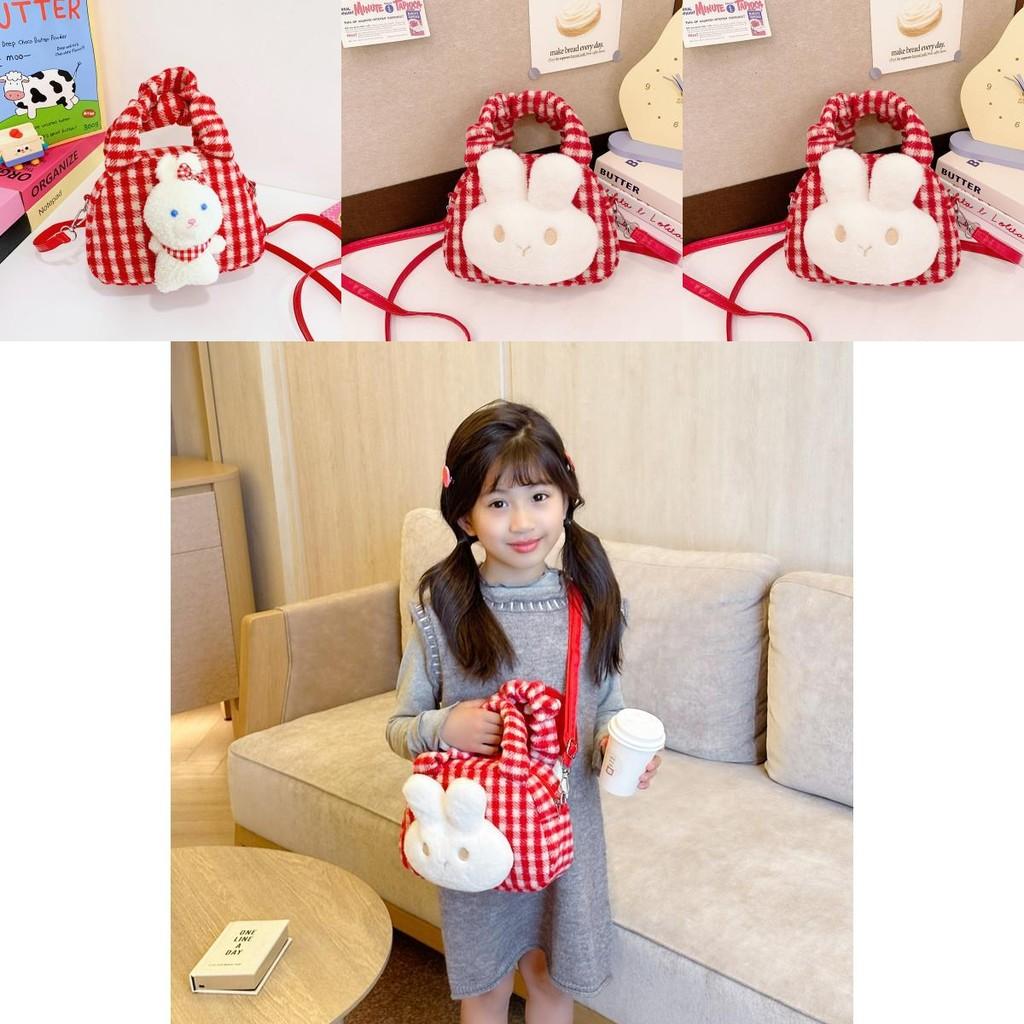 Fashionable Korean Style Plush Rabbit Handbag For Kids With Fun Checkered Print For Daily Use