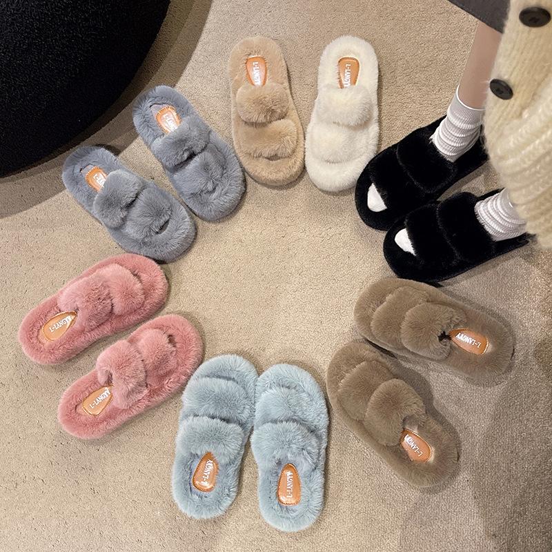 Fluffy shoes slippers women's outer wear 2025 new spring, autumn and winter plush fluffy drag thick-soled one-word cotton slippers
