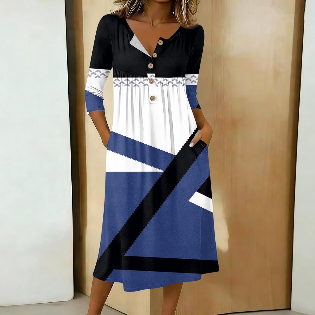 Women's Fashionable Color Printed Round Neck 3/4 Sleeve Button Collar Mid Length Casual Dress