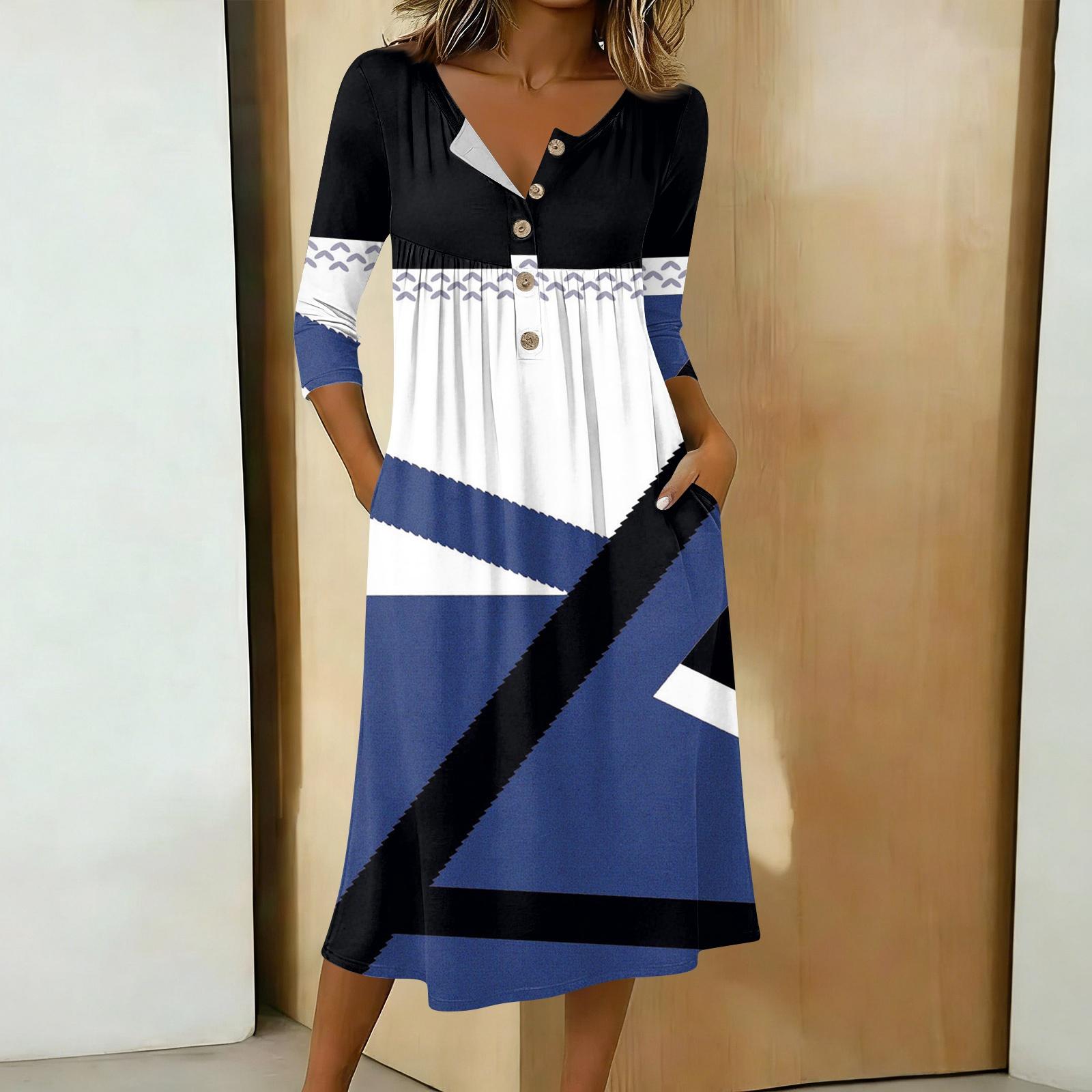 

Женское модное цветное платье с круглым вырезом, рукавом 3/4, воротником на пуговицах, средней длины, в повседневном стиле L синий