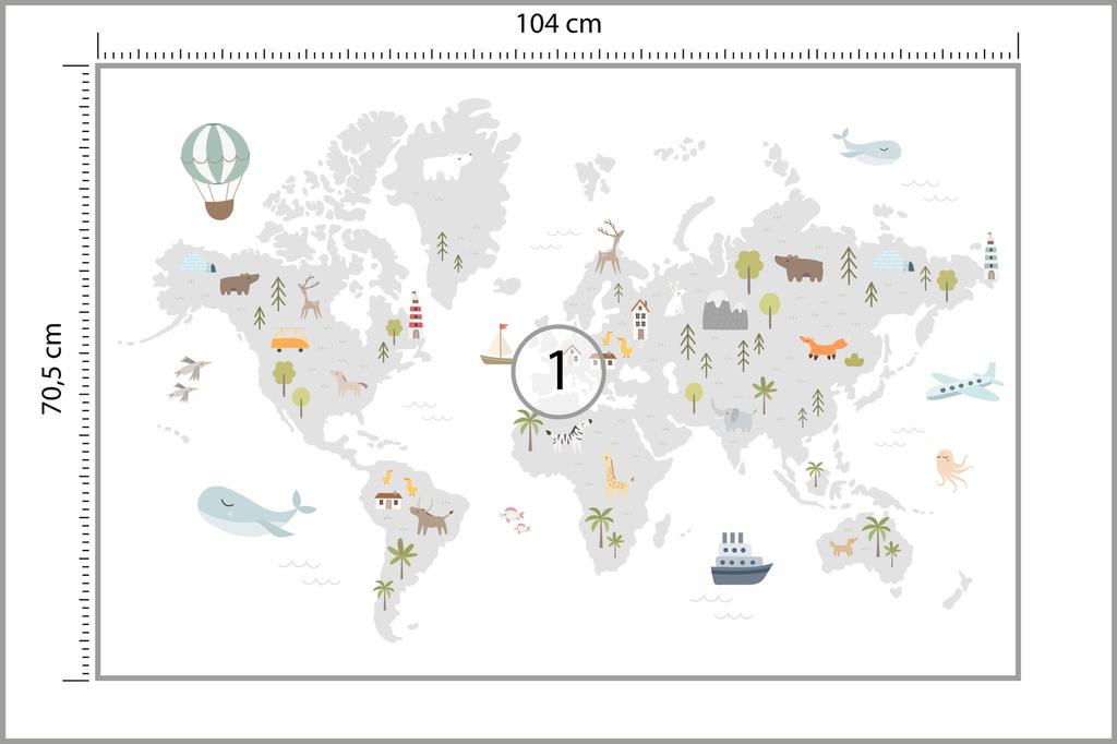 Photomural World Map With Cute Animals In Cartoon Style. Map For Nursery, Kids Room With Nature, Animals, Transports. Skandi Structural Vinyl 104x70.5