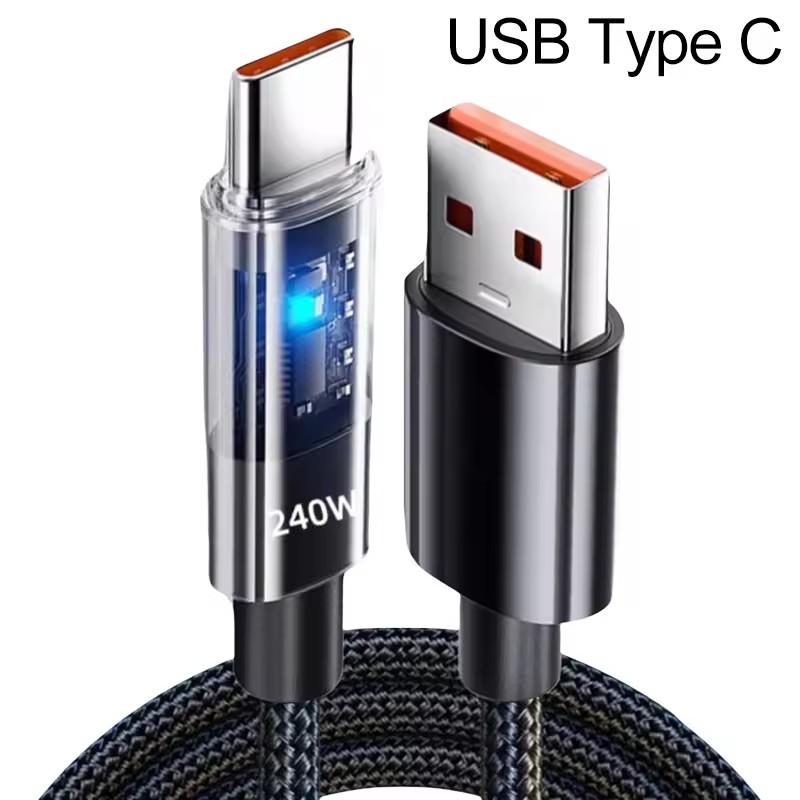 240W Super Quick Charging Nylon Cables USB Type C Transparent LED Display Data Cord USB-C Wire for Android Samsung Xiaomi