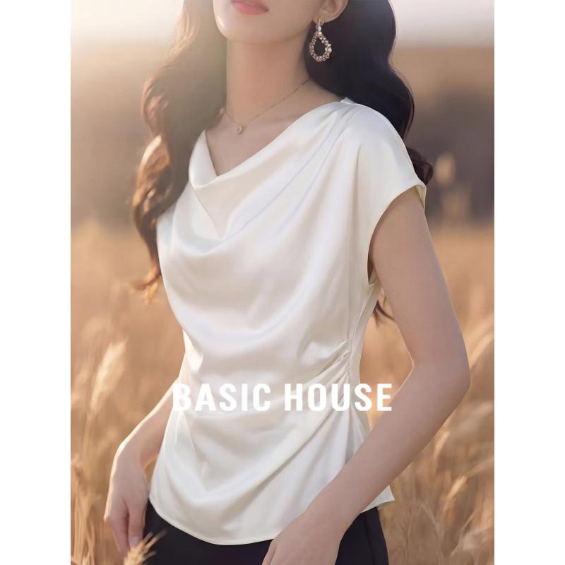 Basic House Women s French Drape Neck Pleat Waist Short Sleeve T-Shirt S