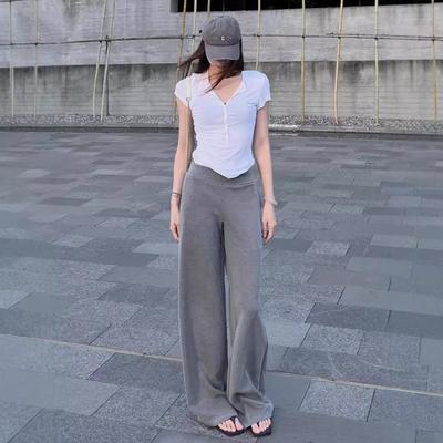 Retro Grey Casual Pants for Women In Autumn New American High-waisted Sports Pants Loose and Slimming Wide-leg Floor Pants