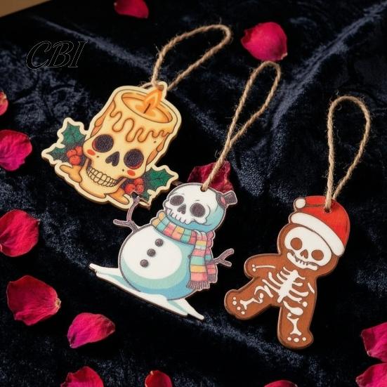 Unique Themed Party Hanging Decor Skeleton Christmas Tree Ornaments, 3.15 Inch Skull Dark Wooden Decorations Gothic Spooky Xmas Gifts Supplies