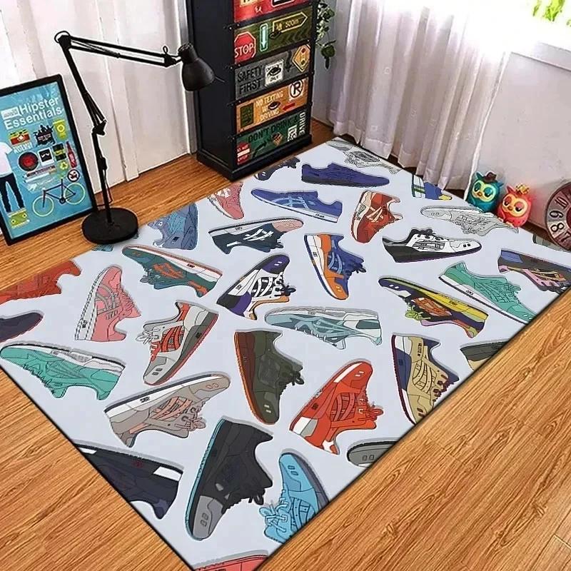 Fashion Shoes Sneakers Logo Print Carpet Rug for Living Room Corridor Bedroom Machine Washable Kid Room Play Floor Mat Gifts