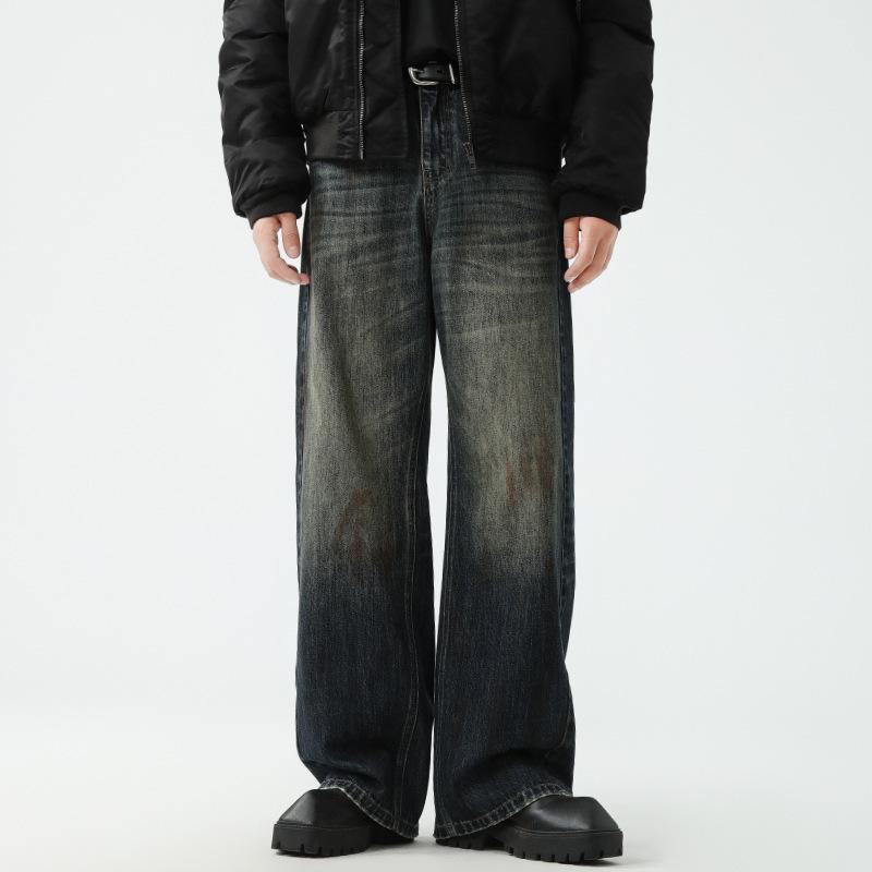 

Весна и Осень Новые Американские Свободные Ретро Выстиранные Джинсы Мужские Драпированные Прямые Широкие Штанины XXL