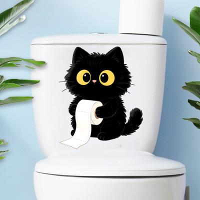 Klebe-WC-Sticker, Wandaufkleber mit schwarzem Katzenmotiv, Wasserdichter Dekorationsaufkleber ohne Kleberückstände, Einfach anzubringen und zu entfernen, Badezimmerdekoration