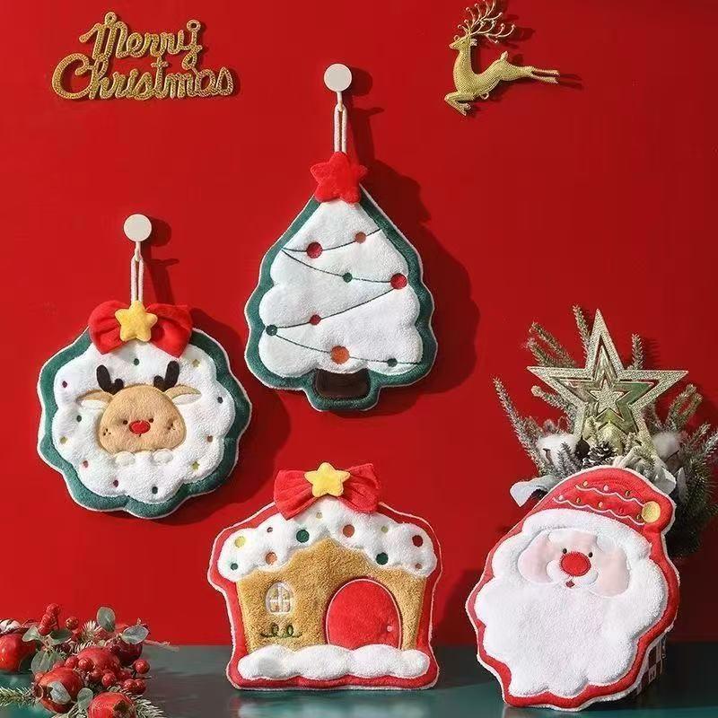 Christmas Coral Velvet Cleaning Towel Snowman Bathroom Hanging Hand Towel Absorbent Soft Dishcloth Kitchen Cleaning Cloth Rag