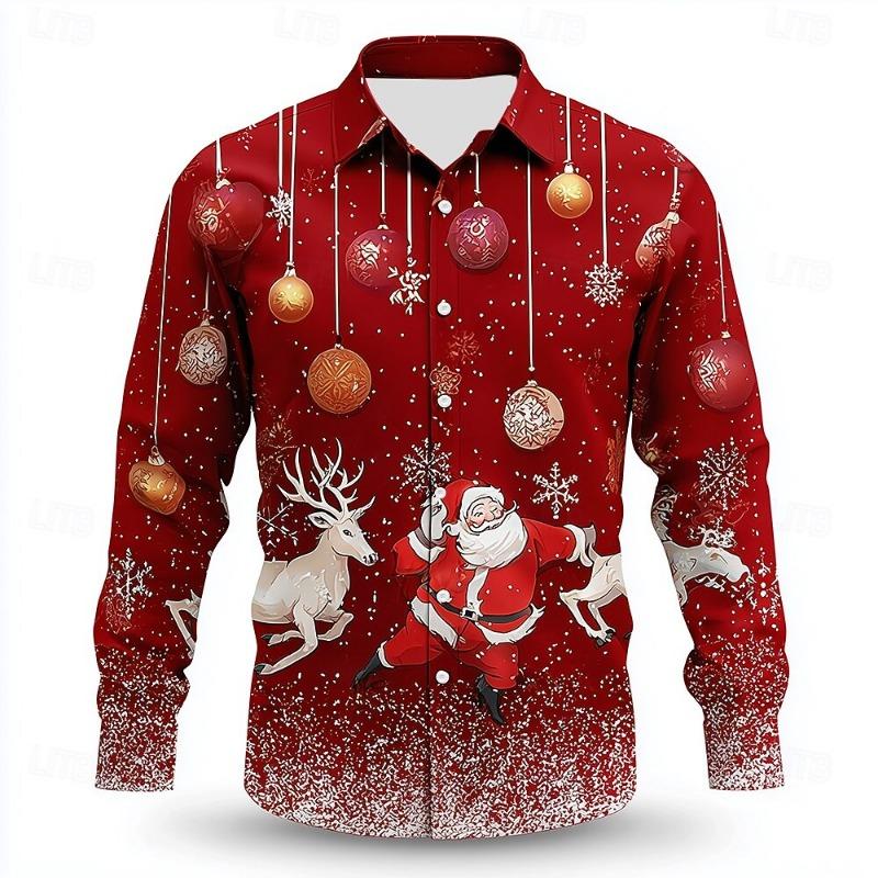 Men's 3D Graphic Long Sleeve,Street Style Fashion, Santa Claus Reindeer Christmas Baubles Print Design,2025 Autumn Casual Shirt