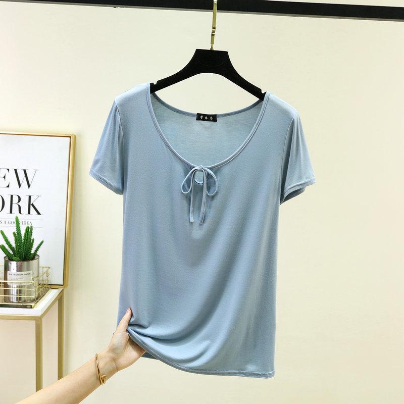 Korean Style Drawstring Modal Short Sleeve Tshirt Cute Slim Fit O Neck T-Shirt Lightweight & Soft Casual Tee Tops for Women Trendy Summer Basic Shirt