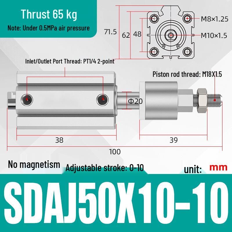 Adjustable Stroke Pneumatic Thin Cylinder - Piston Rod Sizes: 16/20/25/32/40/63