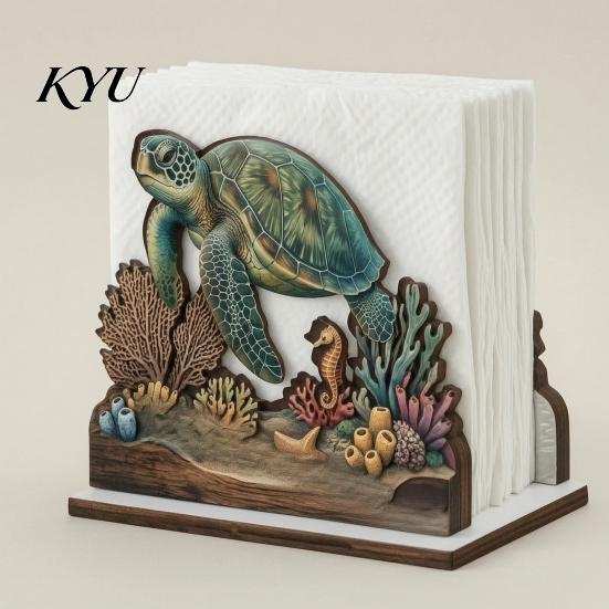 Durable Wood Napkin Caddy for Parties Rustic Wooden Holder, Octopus/Bird/Goose/Turtle/Black Bear/Elephant Pattern, Compact Tissue Unique Gift Teachers