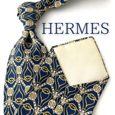 Used Beautiful Hermes Tie, High-end Brand, H Pattern, Accessory, Blue, Luxury Silk