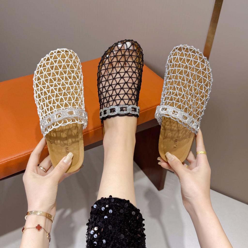 Summer New Fisherman Flat Bottom Round Head Baotou Half Slippers European and American Niche Fishing Net Woven Hollow Roman Cool Slippers
