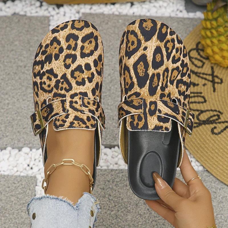 Fashion Leopard Print Mules Slippers Women 2025 Plus Size 35-42 Platform Clogs Shoes Woman Buckle Design Half Slippers Female