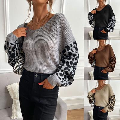 Autumn and Winter New Women's V-neck Knitted Pullover Blouse Loose Leopard Stitching Sweater