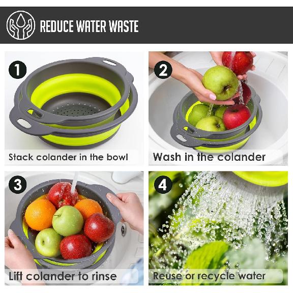 

Colanders & Food Strainers with Bowl [Collapsible 3 piece Set Green] Kitchen Essentials for Draining Pasta, Washing Fruits and Vegetables, 7.9 x