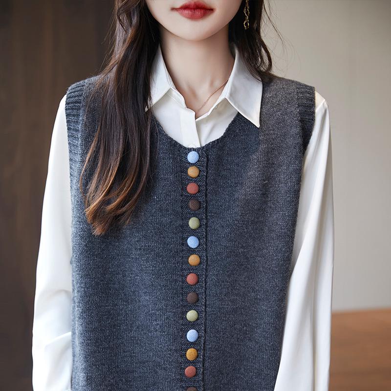 Damen Französische Retro Strickweste: Rundhalsausschnitt, Ärmelloses Tanktop, Herbst-Lagenpullover 2025