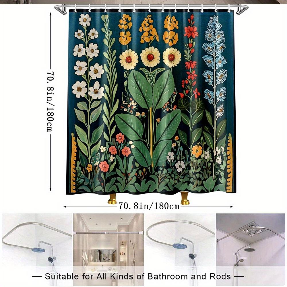 1 szt. Vintage zasłona prysznicowa botaniczna - Bujne zielone rośliny z jaskrawożółtymi, czerwonymi i niebieskimi kwiatami na głębokim turkusie, 70x70 cali Poliest