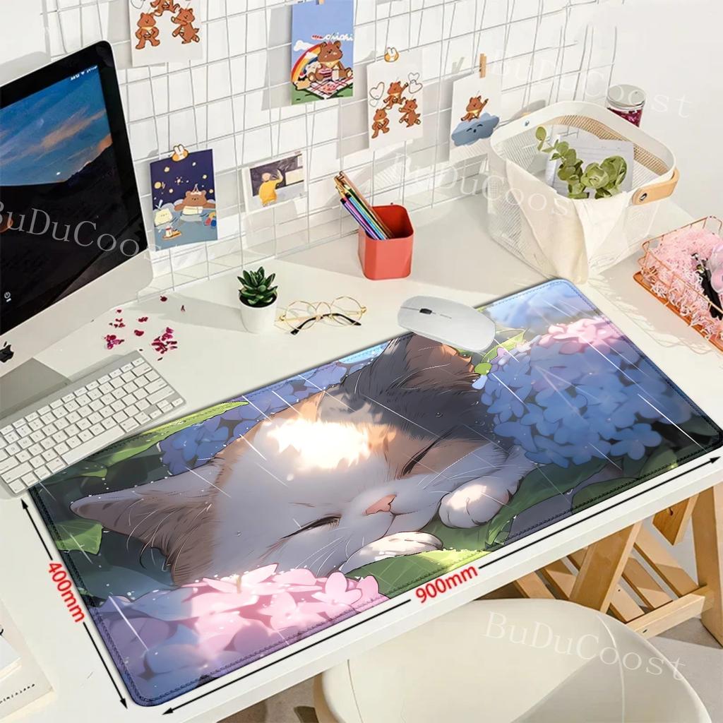 Cute Cat Large Gaming Keyboard Mouse Pad XL Green Plant Computer Gamer Tablet Mause Pad Long Mousepad XXL 900x400 Play Mice Mats