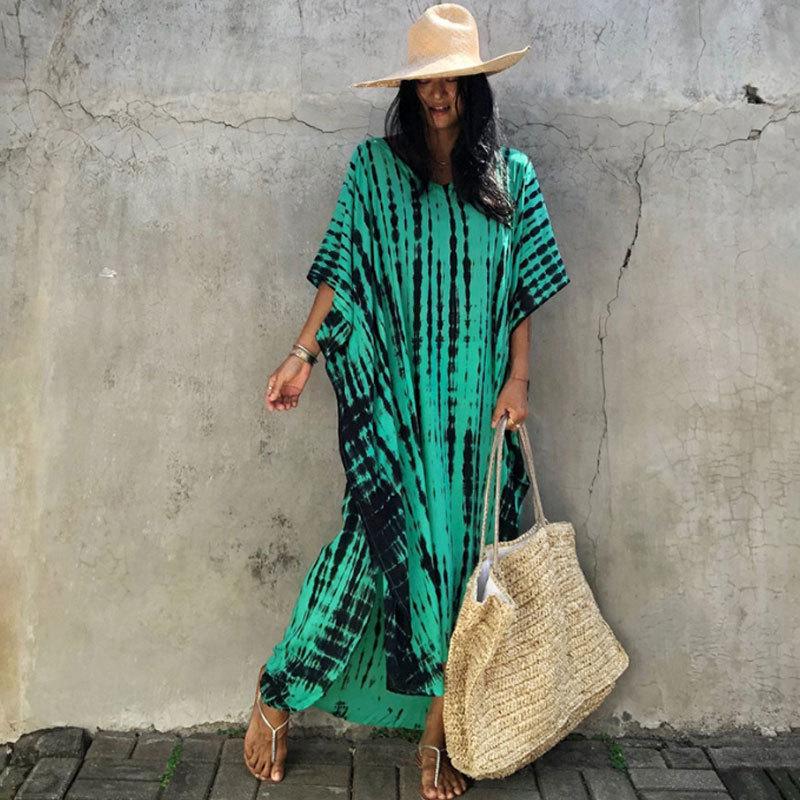 European & American Tie-dye Rayon Beach Dress: Loose, Long Seaside Vacation Robe & Bikini Cover-up with Sunscreen Shirt for Women