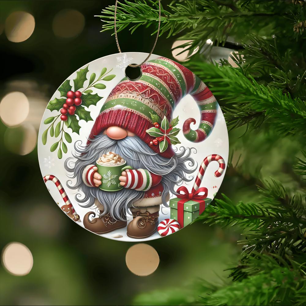 Cute Gnome with Hot Cocoa Acrylic Christmas Tree Ornament festive holly berry holiday decor Xmas hanging gift for Christmas party home decoration