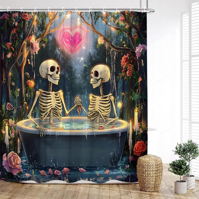 

Fun Bathing Lovers Skeleton Shower Curtains Forest Rose Flowers Tree Heart Valentine S Day Bathroom Curtain Fabric Home Decor W60H190(CM)-1 Pcs