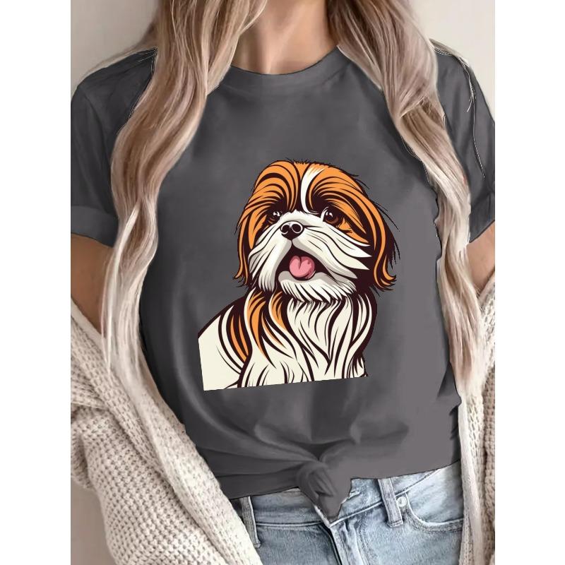 Cute Shih Tzu Puppy Print T-shirt, Short Sleeve Crew Neck Casual Top for Summer & Spring, Women's Clothing