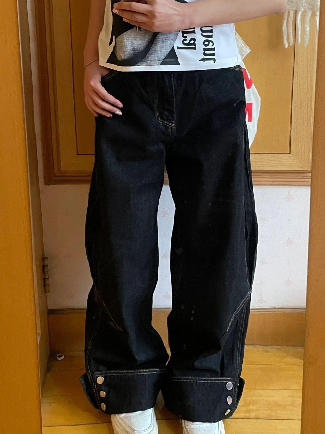 

Американская Vibe Джинсы прямого кроя большого размера с выбеленным дизайном - Уличные свободные драпирующиеся широкие брюки, стройнящие женскую фигуру S чёрный