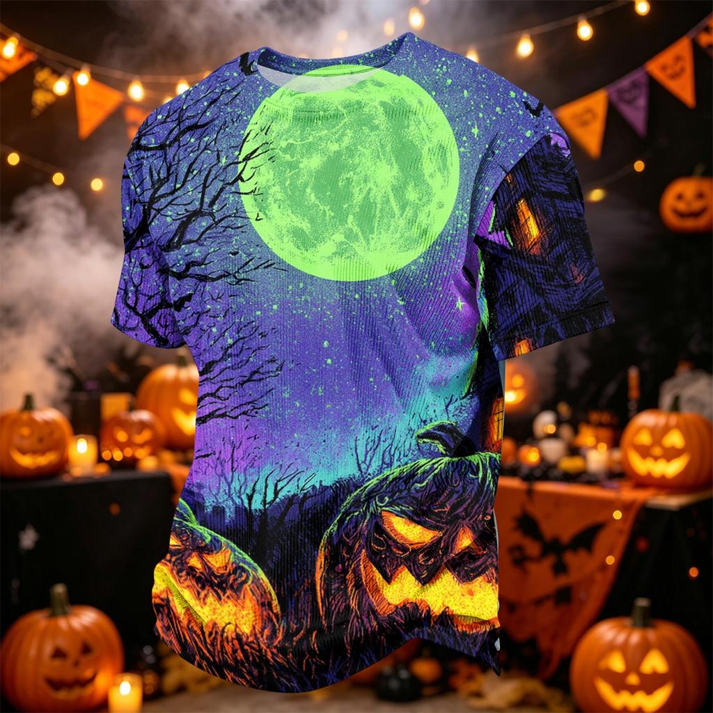 Men's Casual Corduroy Short Sleeve Lightweight Breathable Round Neck Shirt Halloween Print Design Suitable for Everyday Wear