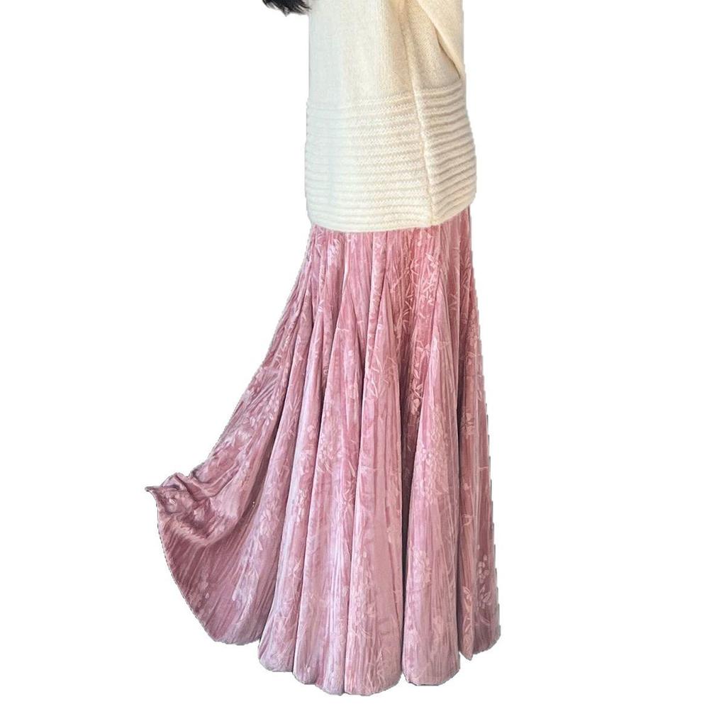 Velvet Thickened High-Waisted Chinese Style Ankle-Length Umbrella Skirt for Autumn and Winter