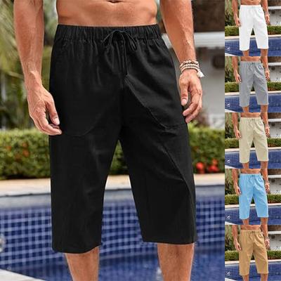 Men'S Loose Cotton And Linen Pants Beach Casual Sports Pants Solid Color Seven Points Cotton And Linen Shorts
