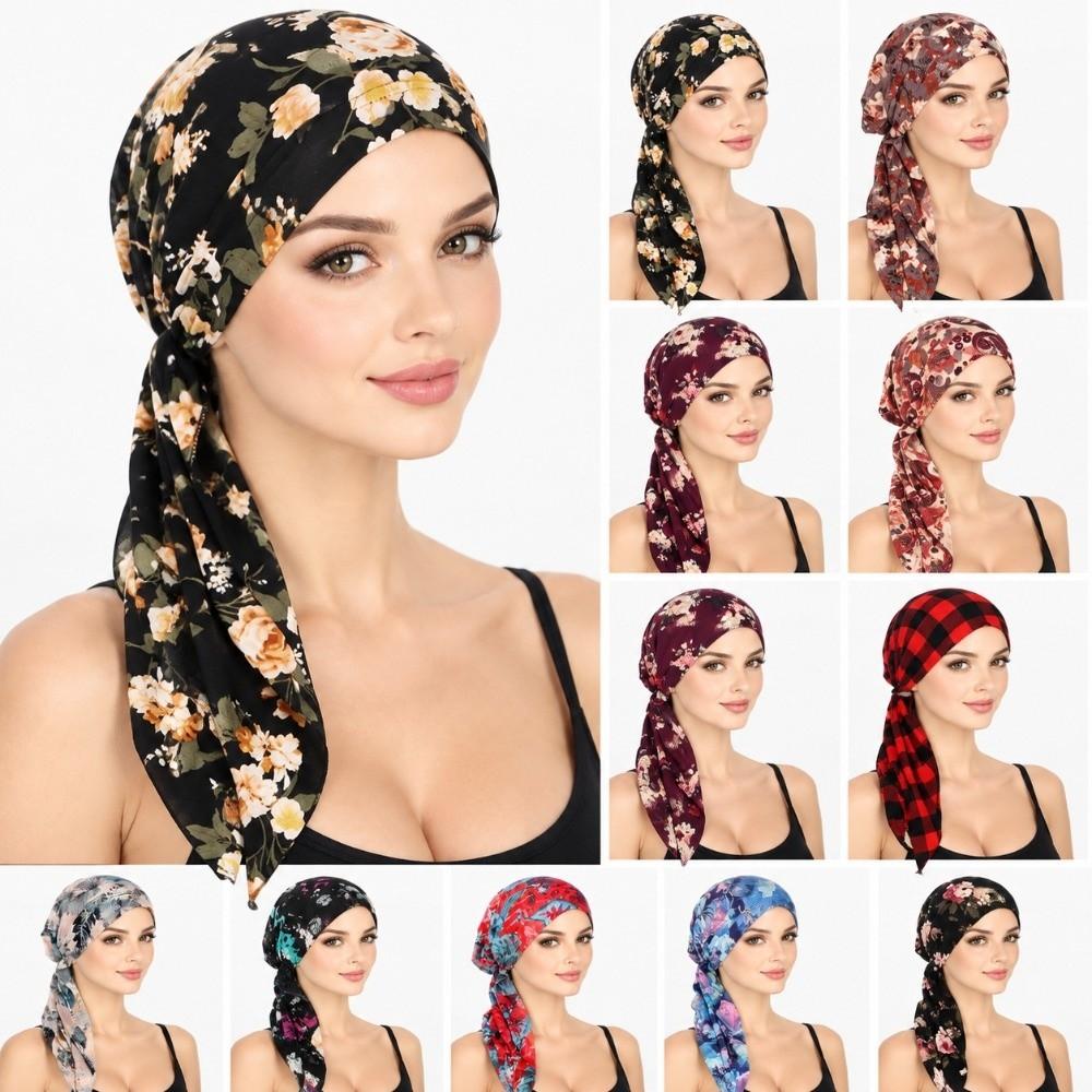 Hair Loss Cover Turban Hijab Elastic Stretch Flower Print Head Scarf Soft Chemo Hat Cap for Women