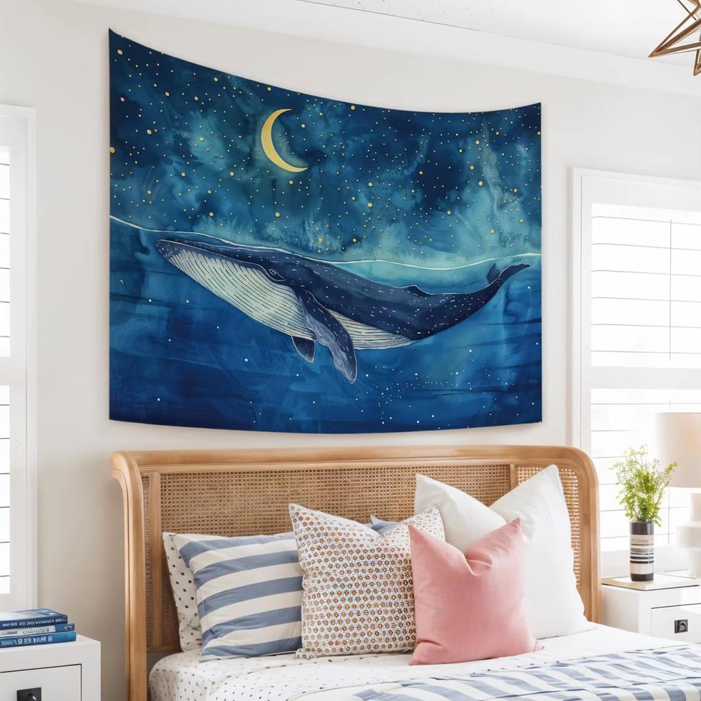 Whale Ocean Starry Night Tapestry, Blue Sea Wall Art For Kids Bedroom Nursery Dorm Home Decor