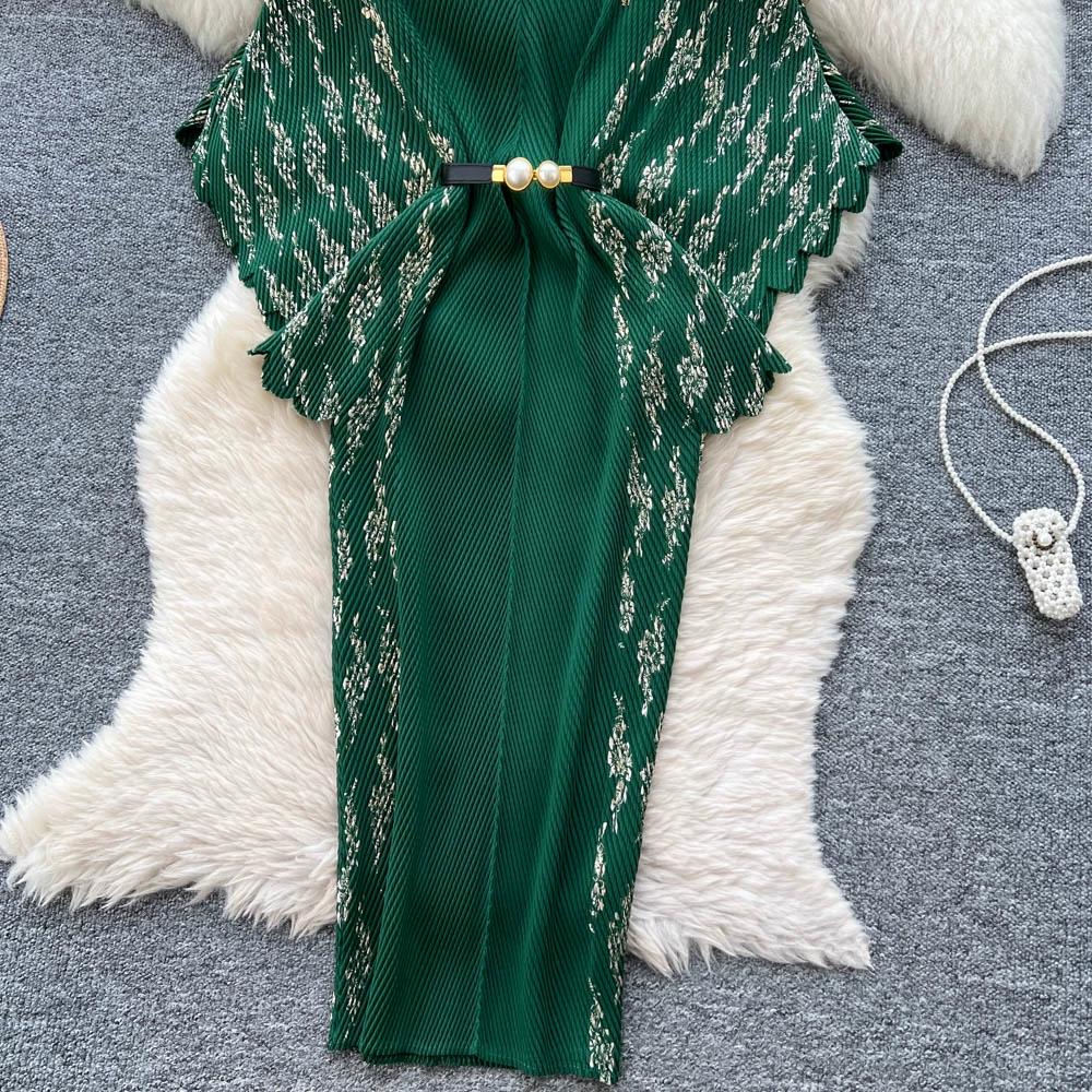 Jarní podzimní dámské elegantní 3D květinový tisk Miyake s přehybem a netopýřím rukávem, nadměrné volné skládané šaty s páskem