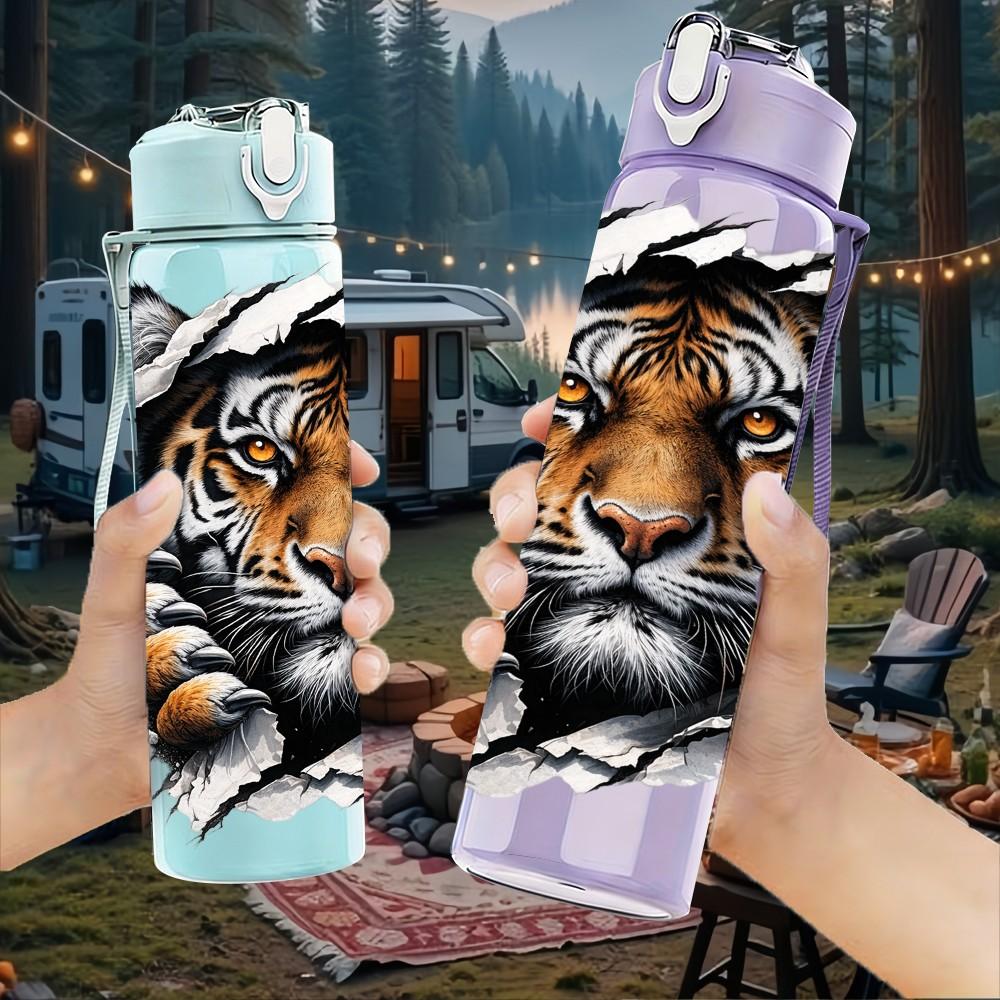 1PC Tiger Head Wild Animal Portrait Art 750ml Color Plastic Sports Water Bottle Leakproof Flip Straw Lid Suitable for Sports Office Home Use