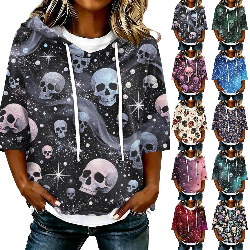 Women's Halloween Printed Hoodie Loose Fit Three-Quarter Sleeve Casual Top