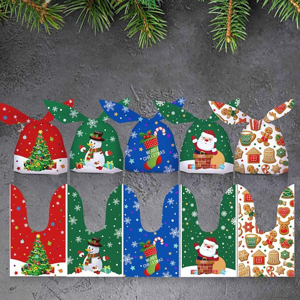 50PCS Rabbit Ear Xmas Candy Bags Merry Christmas Santa Claus Biscuit Bags Snowmen Snowflakes Candy Treat Bag Christmas