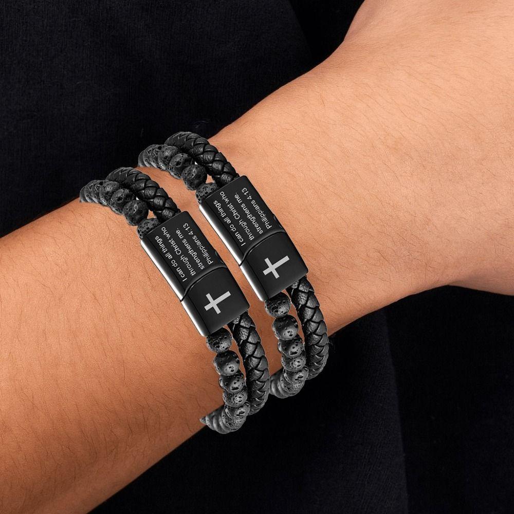 Leder Doppelte geflochtene Armband Schwarz Magnetisch Inspirierende Zitate Armbänder Bibelvers Lavastein Perlenarmband Kette Geschenk