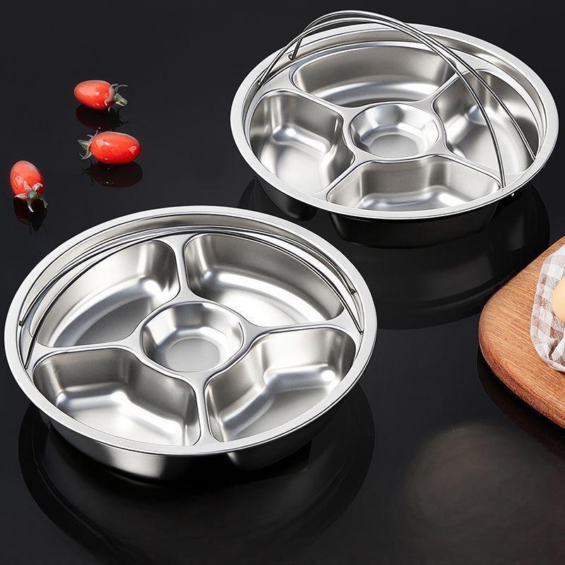 Stainless Steel 5 Compartment Steaming Plate With Handle Divided Food Tray Round Serving Plate For Home Kitchen Meal Prep