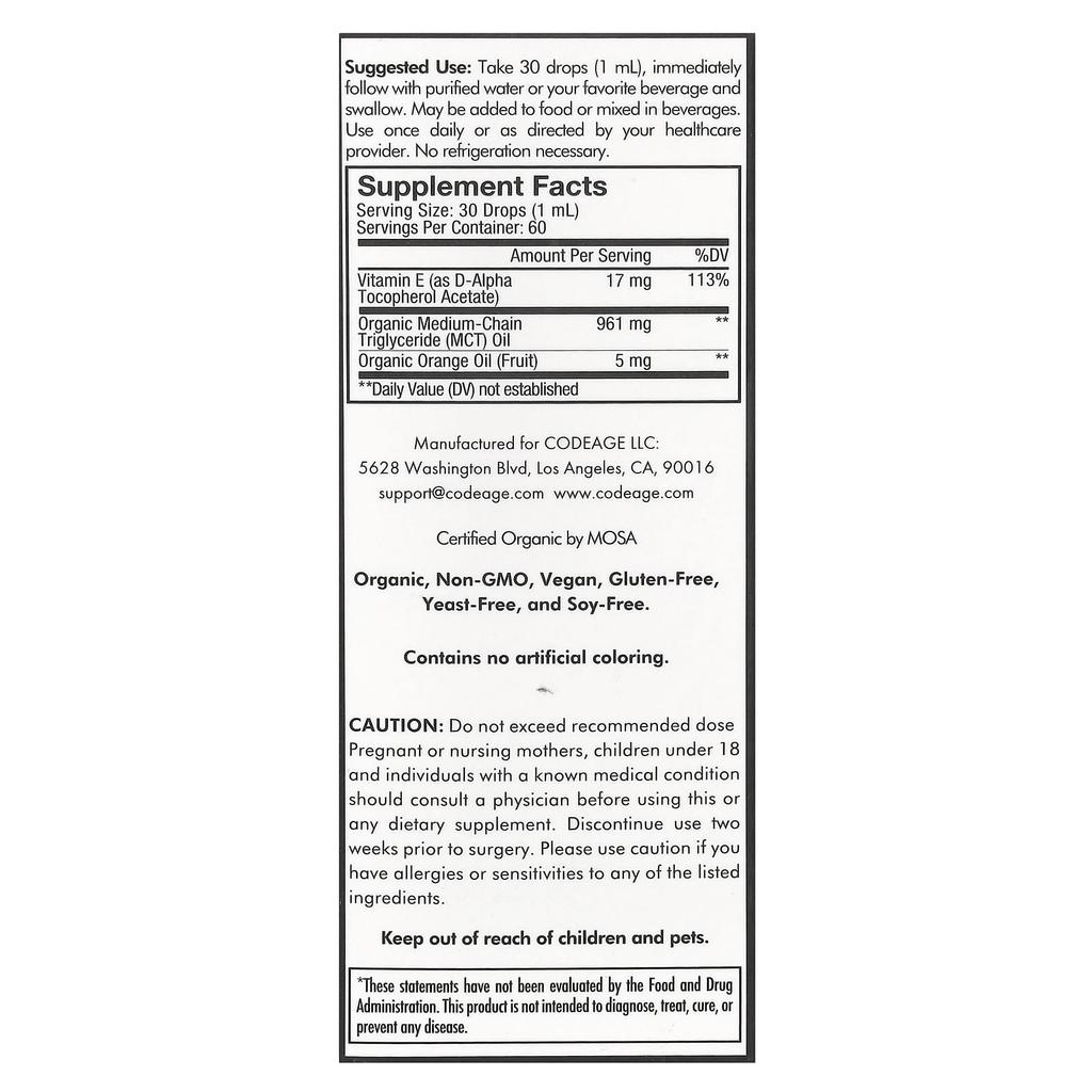 Codeage Płynna witamina E+, bezsmakowa, 2 uncje płynu (59,2 ml)